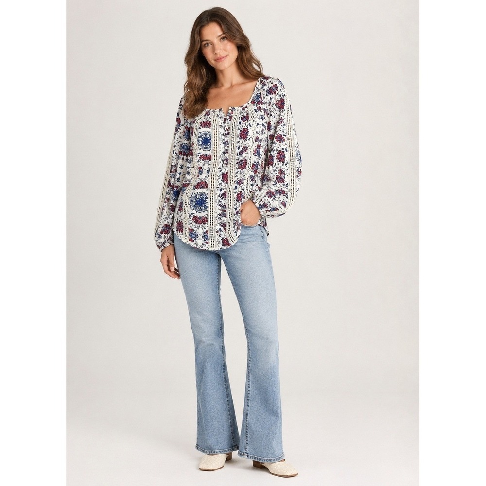 Lucky Brand‎ Peasant Blouse Womens Small White Blue Lace Country Americana